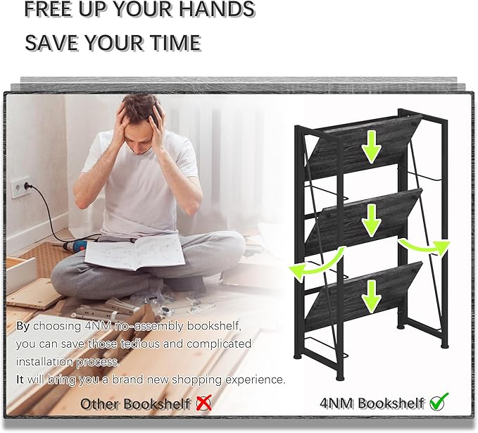 4NM No-Assembly Folding Bookshelf Storage Shelves 3 Tiers Vintage Bookcase Standing Racks Study Organizer Home Office (Gray and Black) - LeafyLoom