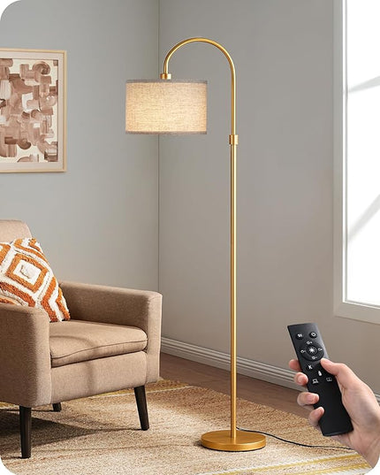 EDISHINE Modern Arc Floor Lamp with Remote, Dimmable Gold Floor Lamp, 3000K-6500K Color Temperatures, Tall Pole Reading Floor Lamps for Living Room Bedroom Office, Footswitch, LED Bulb Included - LeafyLoom