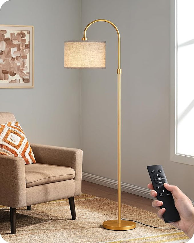 EDISHINE Modern Arc Floor Lamp with Remote, Dimmable Gold Floor Lamp, 3000K-6500K Color Temperatures, Tall Pole Reading Floor Lamps for Living Room Bedroom Office, Footswitch, LED Bulb Included - LeafyLoom