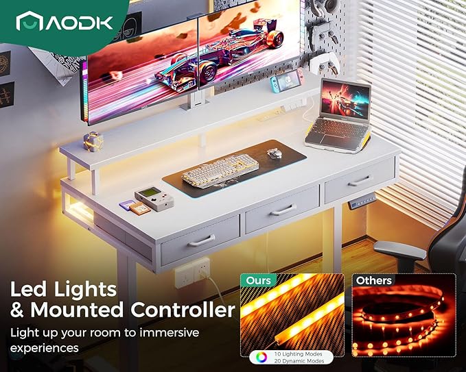 AODK 47 Inch Electric Standing Desk with 3 Drawers, White, Height Adjustable Desk with Power Outlets & LED Lights, Stand Up Desk with Monitor Shelf, Sit Stand Desk Computer Workstation - LeafyLoom