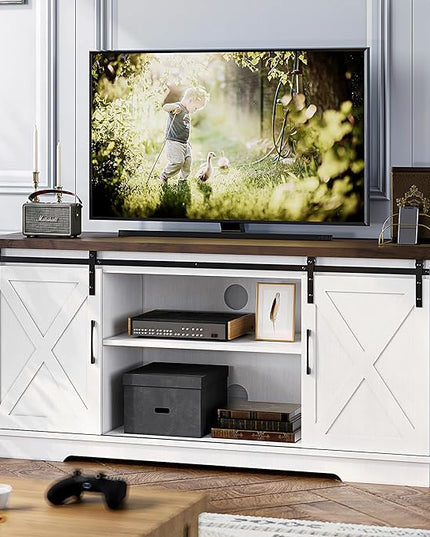 IDEALHOUSE Farmhouse TV Stand, Entertainment Center for 65 Inch TV Media Console Cabinet, White Barn Doors TV Stand with Storage and Shelves, Modern TV Console Table Furniture for Livingroom - LeafyLoom