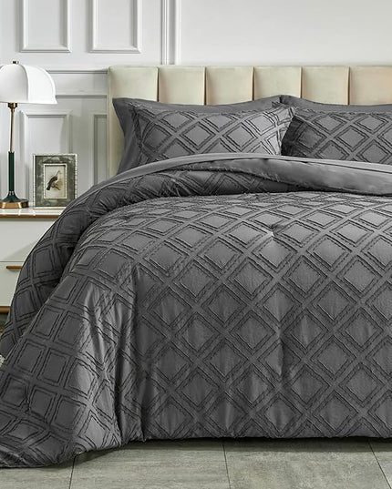 7 Pieces Tufted Bed in a Bag King Comforter Set with Sheets Dark Grey, Soft and Embroidery Shabby Chic Boho Bohemian, Luxury Solid Color with Diamond Pattern, Jacquard Tufts Bedding Set for All Season - LeafyLoom