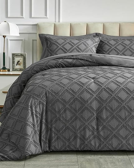 7 Pieces Tufted Bed in a Bag Queen Comforter Set with Sheets Dark Grey, Soft and Embroidery Shabby Chic Boho Bohemian, Solid Color with Diamond Pattern, Jacquard Tufts Bedding Set for All Season - LeafyLoom