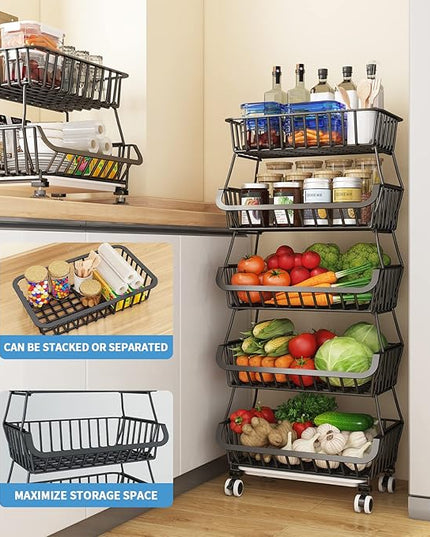 Wisdom Star 5 Tier, Kitchen Fruit Vegetable Storage Cart, Vegetable Basket Bins for Onions and Potatoes, Wire Storage Organizer Utility Cart with Wheels, Black - LeafyLoom