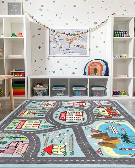 LIVEBOX Large Playroom Rug 5'x7' Kids Play Mat for Classroom, Road Traffic Carpet for Boys Girls Playing Cars Toys, City Life Nursery Car Rug for Toddlers Bedroom Kids Room - LeafyLoom