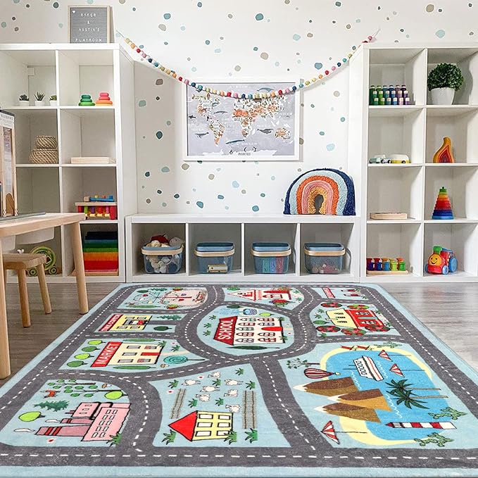LIVEBOX Large Playroom Rug 5'x7' Kids Play Mat for Classroom, Road Traffic Carpet for Boys Girls Playing Cars Toys, City Life Nursery Car Rug for Toddlers Bedroom Kids Room - LeafyLoom