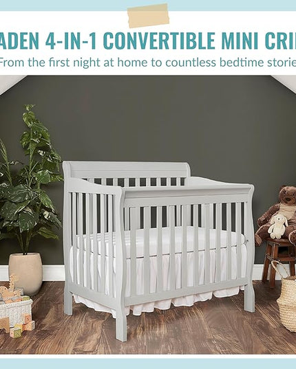 Aden 4-in-1 Convertible Mini Crib In Grey, Greenguard Gold Certified, Non-Toxic Finish, New Zealand Pinewood, With 3 Mattress Height Settings - LeafyLoom