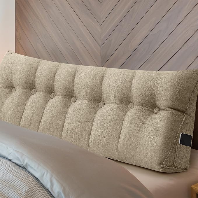 Headboard Wedge Pillow Triangular Bed Rest Reading Backrest Body Bolster Cushion Back Support Long Bolster Pillow for Bed Gifts with Removable Cover (Khaki Gray,King (79 x 20 x 8 Inch)) - LeafyLoom