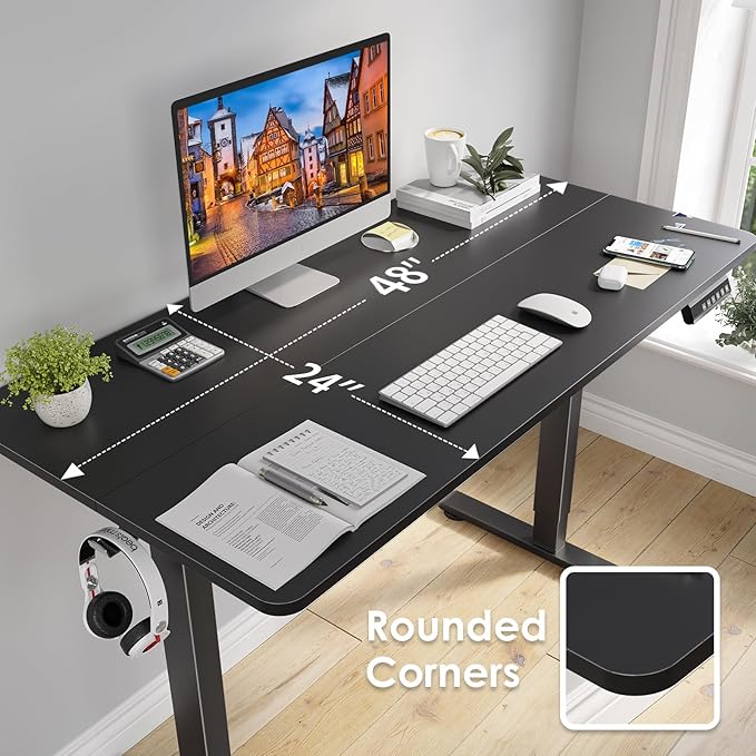 STARY Electric Adjustable Height Sit Stand Home Office Desk with Splice Board, 48x24, Black Desktop/Black Frame - LeafyLoom