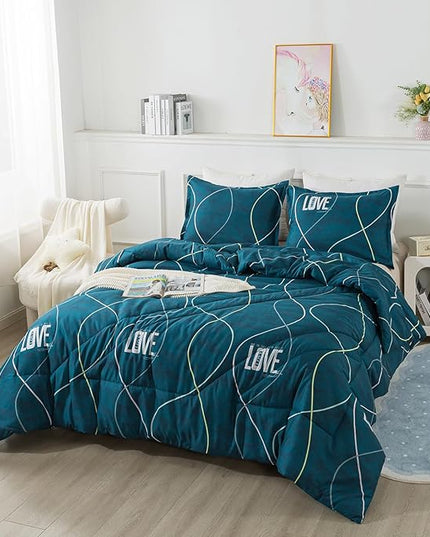 Blue Green Comforter Set Twin Size, 2 Pieces Modern Lines Pattern with Love, Soft Microfiber Bedding Comforter Set, Down Alternative Comforters for All Season (68 * 90’’) - LeafyLoom
