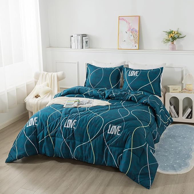 Blue Green Comforter Set Twin Size, 2 Pieces Modern Lines Pattern with Love, Soft Microfiber Bedding Comforter Set, Down Alternative Comforters for All Season (68 * 90’’) - LeafyLoom