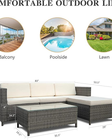 5 Piece Outdoor Patio Sectional Furniture Set, Weather Resistant Rattan Outside Couch, Waterproof Conversation Sofa for Balcony, Porch, Backyard, Deck, Garden,Beige - LeafyLoom