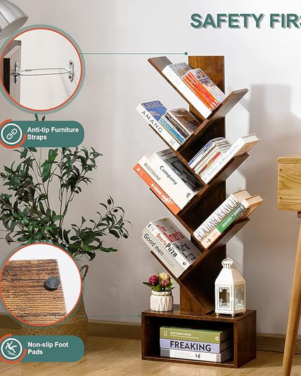 Yoobure Tree Bookshelf - 6 Shelf Retro Floor Standing Bookcase, Tall Wood Book Storage Rack for CDs/Movies/Books, Utility Book Organizer Shelves for Bedroom, Living Room, Home Office - LeafyLoom