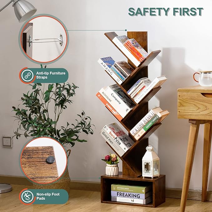 Yoobure Tree Bookshelf - 6 Shelf Retro Floor Standing Bookcase, Tall Wood Book Storage Rack for CDs/Movies/Books, Utility Book Organizer Shelves for Bedroom, Living Room, Home Office - LeafyLoom