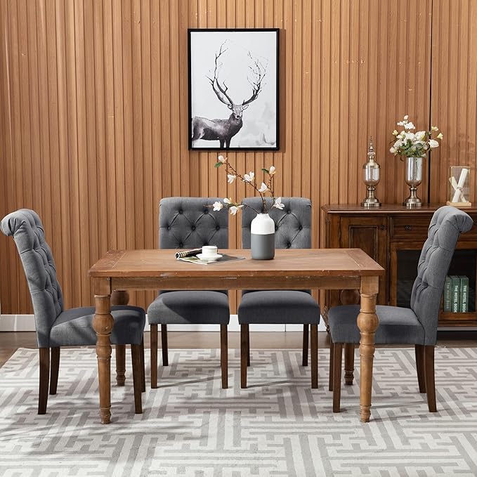 COLAMY Button Tufted Dining Chairs Set of 4, Parsons Upholstered Fabric Dining Room Chairs Kitchen Chairs with Wood Legs and Padded Seat, Dark Grey - LeafyLoom