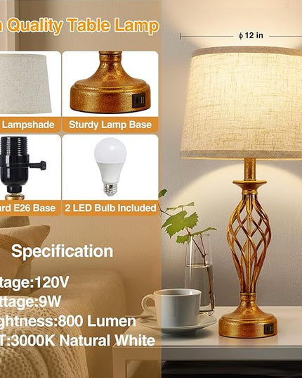 Table Lamp for Bedroom Set of 2 with USB C+A Ports - Modern Gold Bedside Lamps with Spiral Cage Base Fabric Shade - Nightstand Lamp for Living Room Reading Bed Side End Table 2 LED Bulbs Included - LeafyLoom