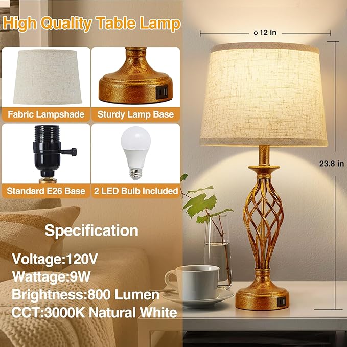 Table Lamp for Bedroom Set of 2 with USB C+A Ports - Modern Gold Bedside Lamps with Spiral Cage Base Fabric Shade - Nightstand Lamp for Living Room Reading Bed Side End Table 2 LED Bulbs Included - LeafyLoom