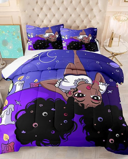 Black Girl Full Size Comforter Set for Girls, African American Girls Bedding Sets Full Girls Bedroom Decor Purple Princess Bed Set Kids Comforter Sets with 1 Comforter +2 Pillowcase - LeafyLoom