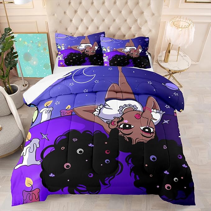 Black Girl Full Size Comforter Set for Girls, African American Girls Bedding Sets Full Girls Bedroom Decor Purple Princess Bed Set Kids Comforter Sets with 1 Comforter +2 Pillowcase - LeafyLoom