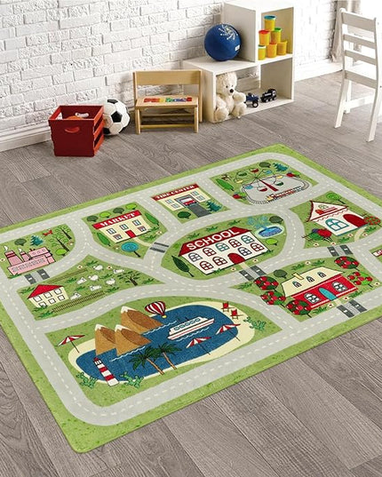 LIVEBOX Green Kids Rug for Playroom, 4'x6' Washable Road Rug for Boys Room, Non-Slip Soft Car Rug for Baby Nursery, Large Kids Floor Mats for Boys Girls Dorm Toy Room Tent - LeafyLoom