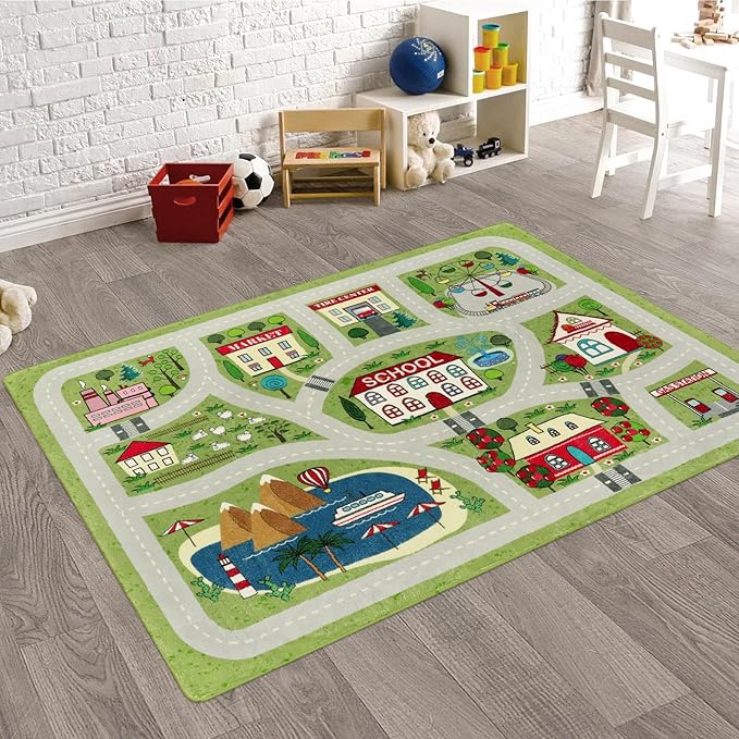 LIVEBOX Green Kids Rug for Playroom, 4'x6' Washable Road Rug for Boys Room, Non-Slip Soft Car Rug for Baby Nursery, Large Kids Floor Mats for Boys Girls Dorm Toy Room Tent - LeafyLoom