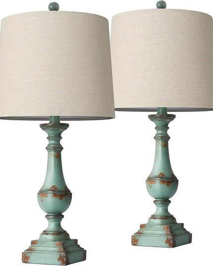 PORTRES 24.5" Rustic Table Lamp Set of 2 for Living Room Farmhouse Bedside Nightstand Lamps for Bedroom Kids Room Study Room Office Rustic Table Lamps Resin Green - LeafyLoom