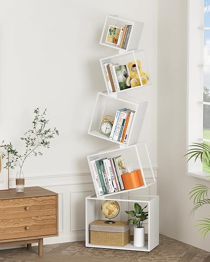 Bookshelf, Unique 5-Tier 67” Tall Bookshelves, Modern Geometric Bookcases Cool Metal Book Shelf, Corner Bookshelf for Bedroom, Living Room, Home Office (White) - LeafyLoom
