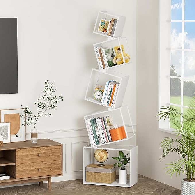 Bookshelf, Unique 5-Tier 67” Tall Bookshelves, Modern Geometric Bookcases Cool Metal Book Shelf, Corner Bookshelf for Bedroom, Living Room, Home Office (White) - LeafyLoom