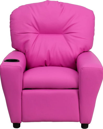 Flash Furniture Chandler Vinyl Kids Recliner with Cup Holder and Safety Recline, Contemporary Reclining Chair for Kids, Supports up to 90 lbs., Hot Pink - LeafyLoom