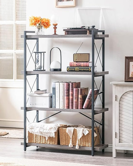 HCHQHS Bookshelf, 4-Tier Industrial Bookcase, Rustic Open Book Shelf, Freestanding Tall Bookshelves with Metal Frame - LeafyLoom