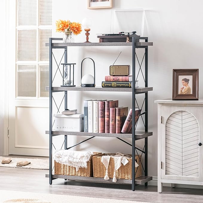 HCHQHS Bookshelf, 4-Tier Industrial Bookcase, Rustic Open Book Shelf, Freestanding Tall Bookshelves with Metal Frame - LeafyLoom