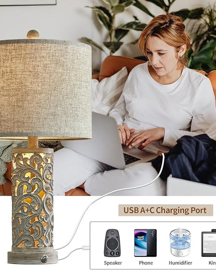 OYEARS 3-Way Dimmable 22'' USB A+C Touch Control Table Lamp with Nightlight for Living Room Bedroom Farmhouse Bedside Nightstand Lamps (Bulb Included) - LeafyLoom