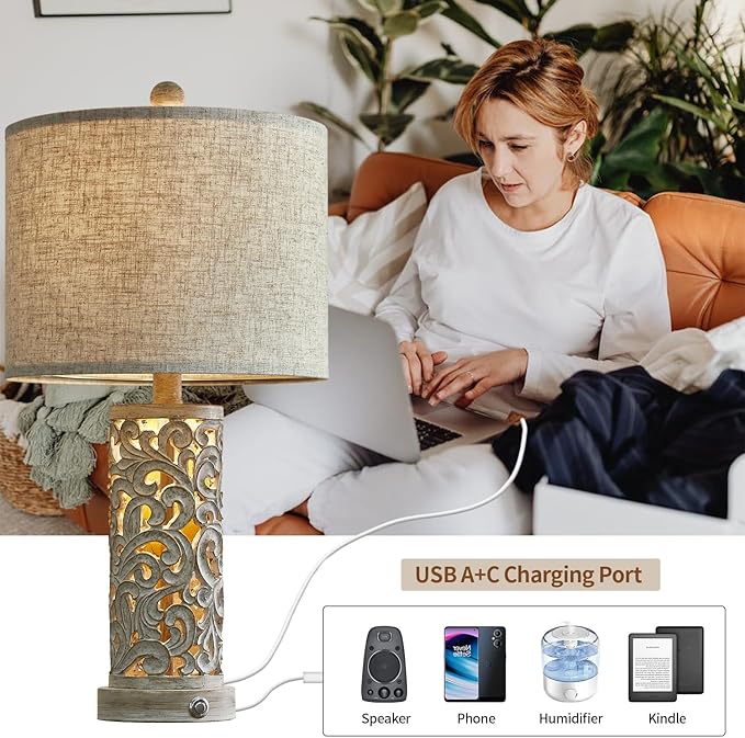 OYEARS 3-Way Dimmable 22'' USB A+C Touch Control Table Lamp with Nightlight for Living Room Bedroom Farmhouse Bedside Nightstand Lamps (Bulb Included) - LeafyLoom