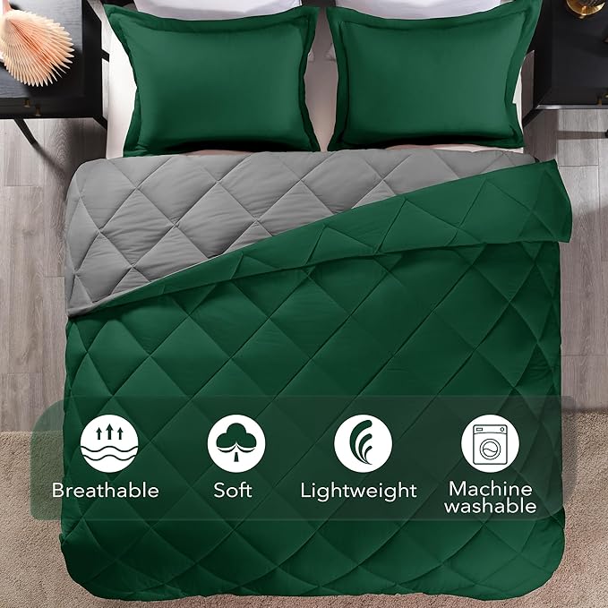 downluxe Queen Comforter Set - Dark Green and Grey Queen Comforter, Soft Bedding Sets for All Seasons -3 Pieces - 1 Comforter (88"x92") and 2 Pillow Shams(20"x26") - LeafyLoom