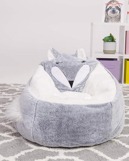 Posh Creations Cute Soft and Comfy Bean Bag Chair for Kids, Large, Animal - Silver Fox - LeafyLoom