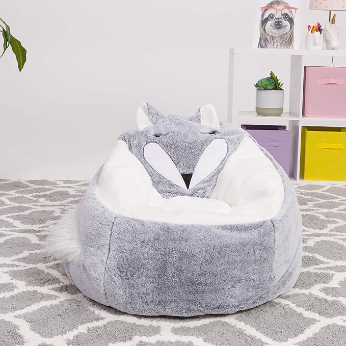 Posh Creations Cute Soft and Comfy Bean Bag Chair for Kids, Large, Animal - Silver Fox - LeafyLoom