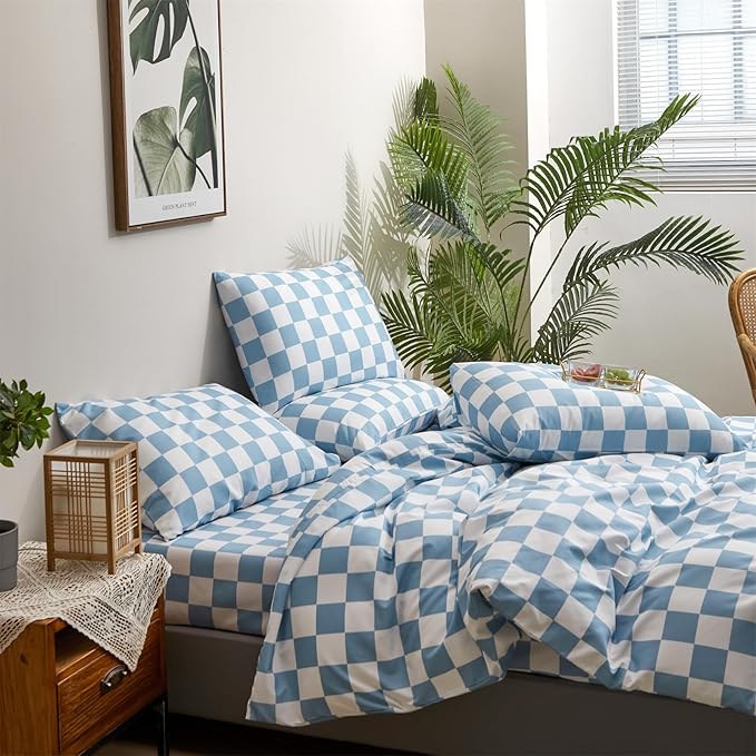 Wellboo Blue White Plaid Comforter Sets Queen Women Men Light Blue and White Checkerboard Grid Bedding Comforters Cotton Boys Girls Modern Dusty Blue Checkered Geometric Quilts Luxury Sky Blue Bed - LeafyLoom