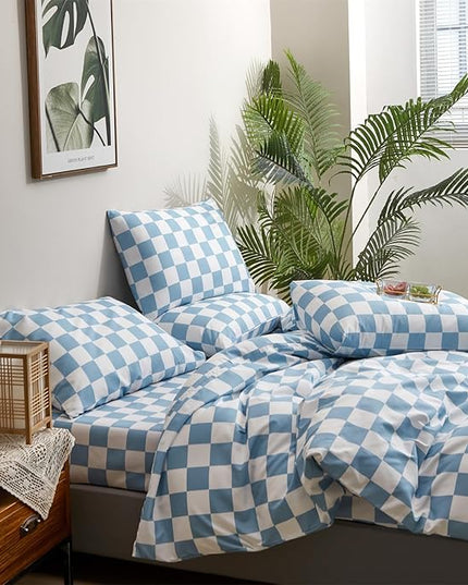 Wellboo Blue White Plaid Comforter Sets California King Women Men Light Blue and White Checkerboard Grid Bedding Comforters Cal King Cotton Dusty Blue Checkered Geometric Quilts Luxury Sky Blue Bed - LeafyLoom