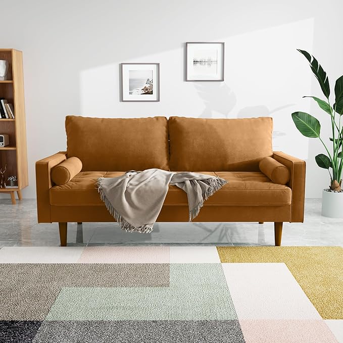 Velvet Furniture for Small Spaces, Mid-Century Modern Loveseats for Living Room, Love Seat Couch Sofas, 70 Inches, Ginger - LeafyLoom