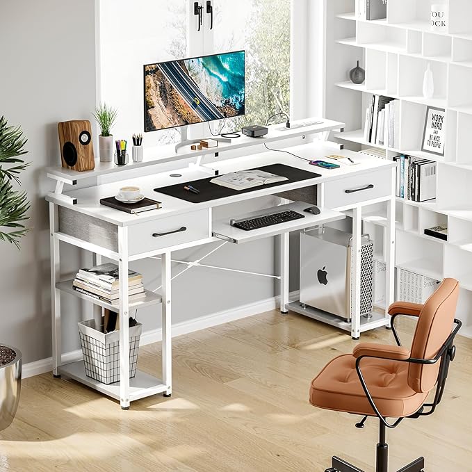 ODK Computer Desk with Drawers & Power Outlet, 55 Inch Office Desk with Keyboard Tray & Storage Shelves & PC Stand, Office Table Work Desk with Monitor Stand, White - LeafyLoom