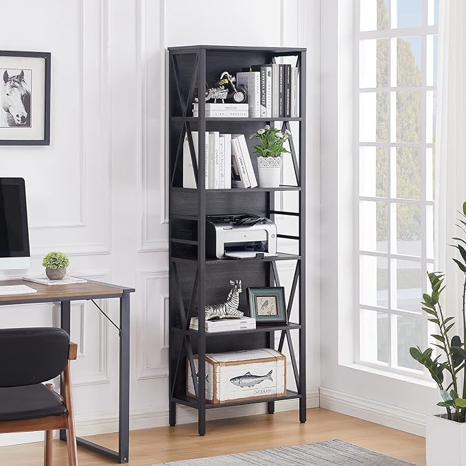 HOMISSUE Bookshelf, 6-Tier Bookshelf, Rustic Wood Metal Bookshelves and Bookcases, Freestanding Open Book Shelf, Industrial Tall Bookcase for Home Office, Living Room and Bedroom, Vintage Grey - LeafyLoom