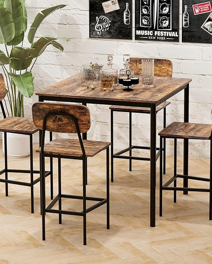 GOFLAME 5-Piece Dining Table Set for Small Space, Kitchen Table and Chairs Set for 4 with Steel Frame, Square Breakfast Table Set, Industrial Counter Height Table Set for Home Restaurant, Rustic Brown - LeafyLoom