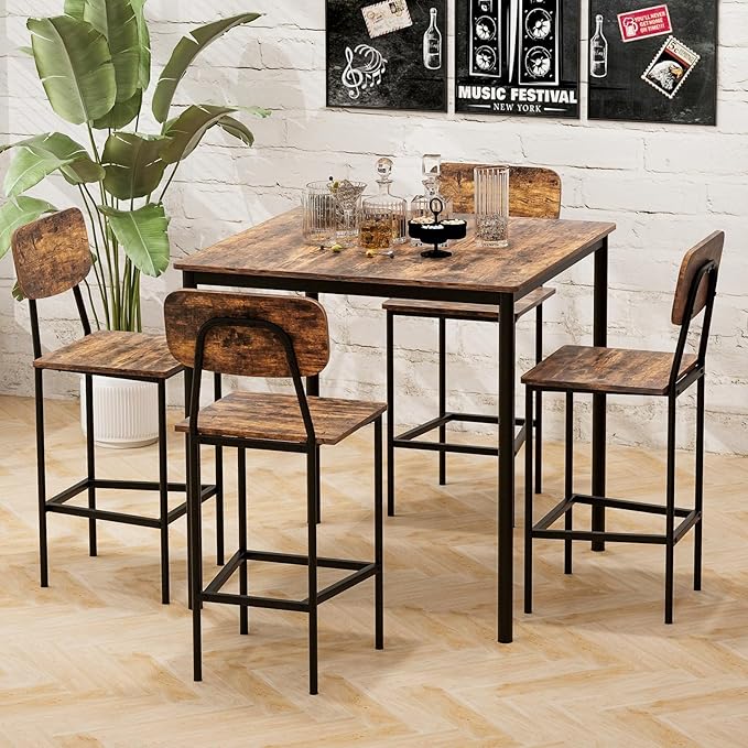 GOFLAME 5-Piece Dining Table Set for Small Space, Kitchen Table and Chairs Set for 4 with Steel Frame, Square Breakfast Table Set, Industrial Counter Height Table Set for Home Restaurant, Rustic Brown - LeafyLoom