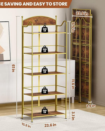 Folding Bookshelf No Assembly, 5 Shelf Gold Folding Bookcase, Industrial Tall Metal Collapsible Corner Book Shelf with Storage Shelves for Bedroom, Living Room, Home Office Organization - LeafyLoom