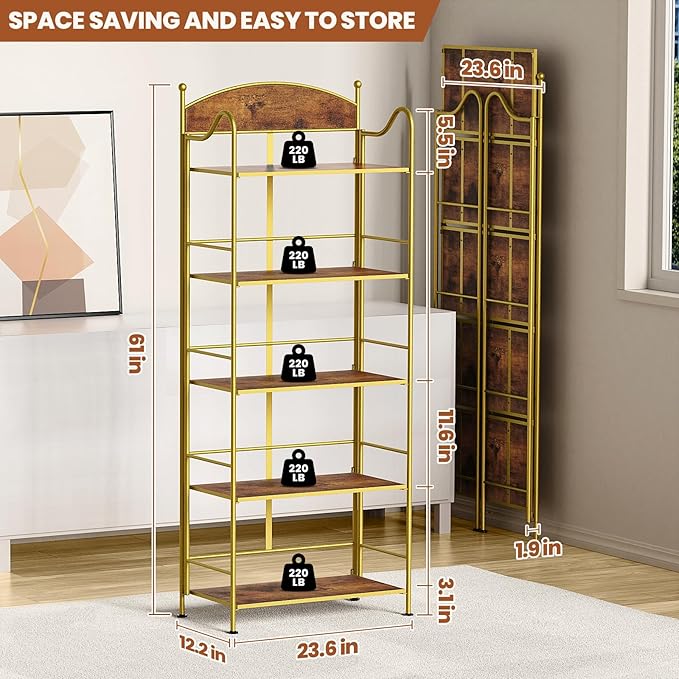 Folding Bookshelf No Assembly, 5 Shelf Gold Folding Bookcase, Industrial Tall Metal Collapsible Corner Book Shelf with Storage Shelves for Bedroom, Living Room, Home Office Organization - LeafyLoom