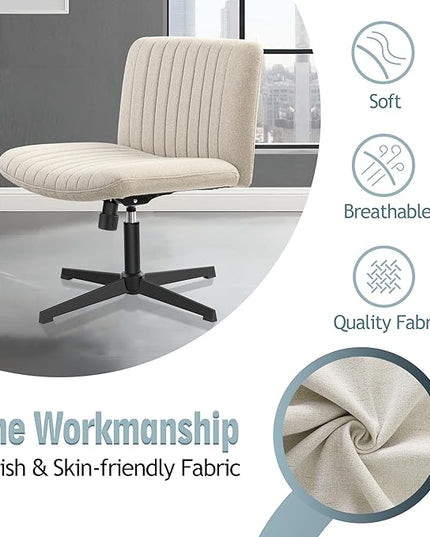 Armless Office Chair no Wheels, Ergonomic Wide Seat Swivel Desk Chair, Height Adjustable Cross Legged Comfortable Computer Chair for Living Room, Vanity Accent Chair Beige - LeafyLoom