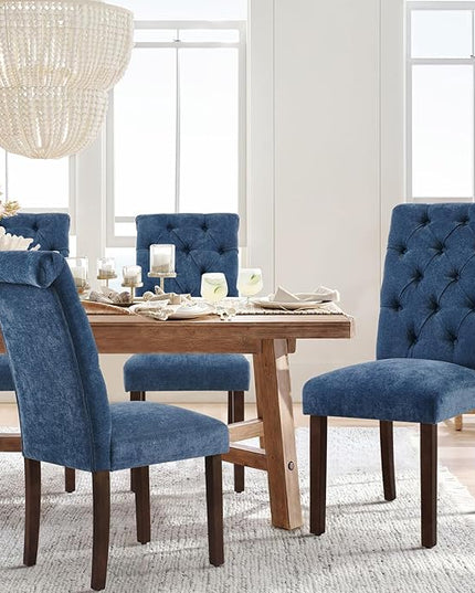 COLAMY Button Tufted Dining Chairs Set of 4, Parsons Upholstered Fabric Dining Room Chairs Kitchen Chairs with Wood Legs and Padded Seat, Blue - LeafyLoom