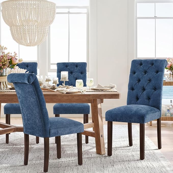 COLAMY Button Tufted Dining Chairs Set of 4, Parsons Upholstered Fabric Dining Room Chairs Kitchen Chairs with Wood Legs and Padded Seat, Blue - LeafyLoom