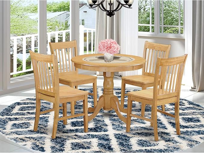 East West Furniture ANNO5-OAK-W 5 Piece Room Furniture Set Includes a Round Dining Table with Pedestal and 4 Wood Seat Chairs, 36x36 Inch - LeafyLoom