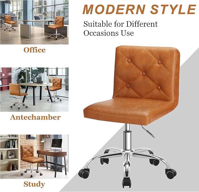 VECELO PU Leather Mid-Back Armless Desk Chair Adjustable Height 360° Rolling Swivel for Home Office Work, Brown - LeafyLoom